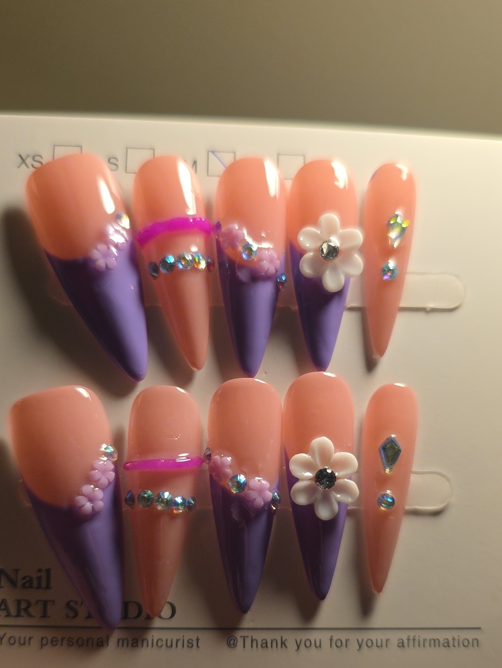 Lavender Floral Stiletto Press-On Nails with Rhinestones Size Med